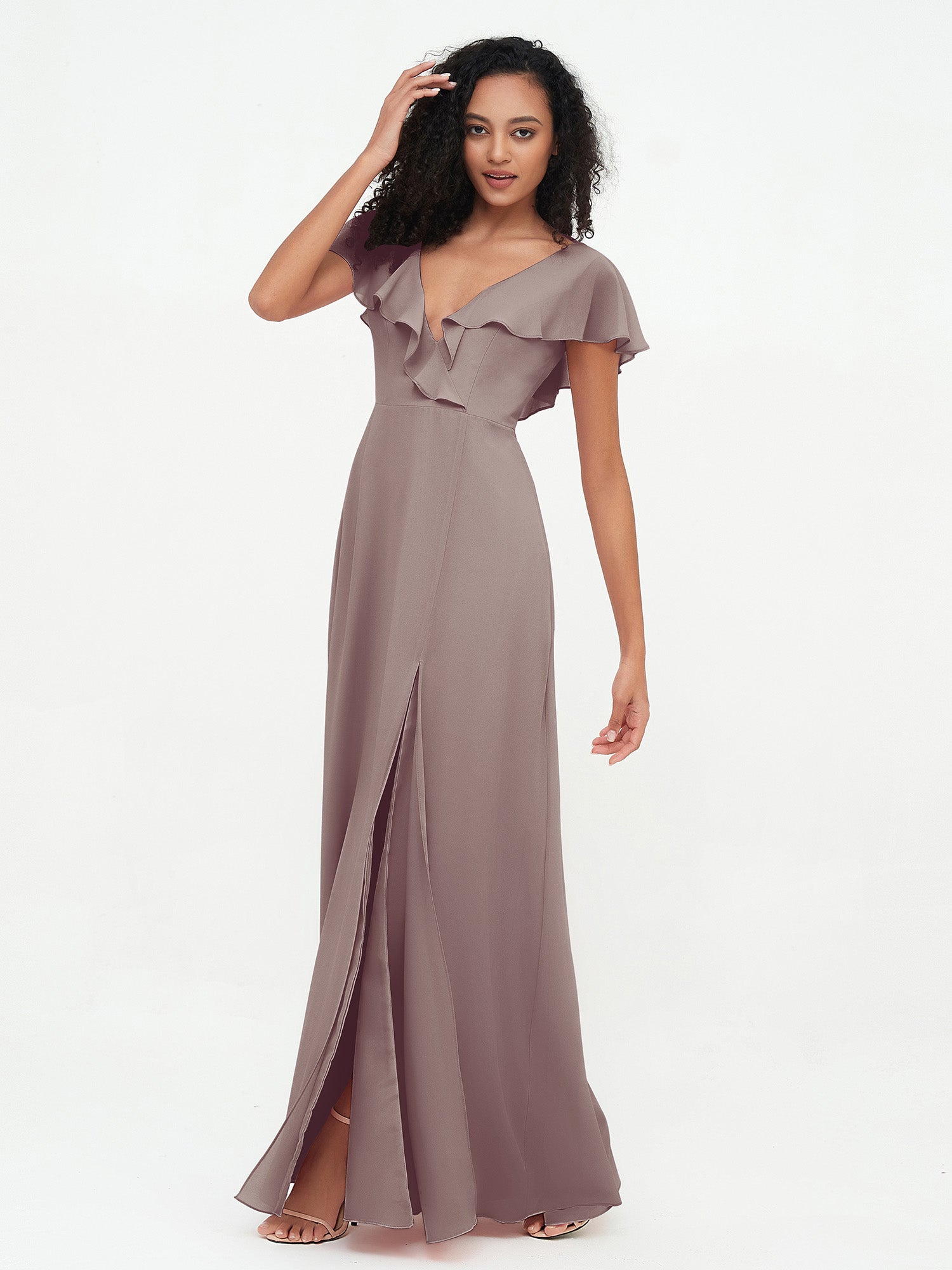 Deep-V Neck Chiffon Dresses with Slit Pockets Dusk